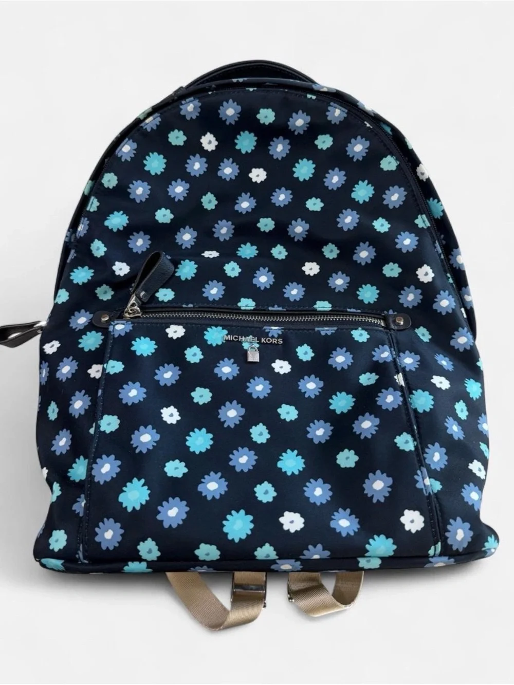 Michael Kors Navy Floral Mini Backpack with Teal and Light Blue Accents